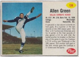 1962 Post Cereal Football Card Allen Green Tough Sp Cowboys