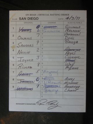 4/3/99 Bruce Bochy Signed San Diego Padres Game Lineup Umpire Card 147
