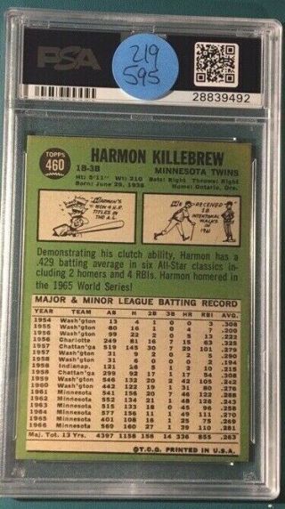 1967 Topps Baseball 460 Harmon Killebrew PSA 7 Perfectly Centered 2