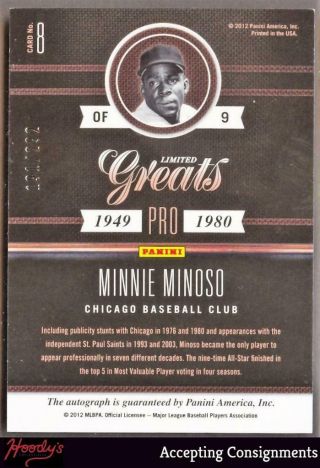 2012 Limited Greats 8 Minnie Minoso 191/292 Autograph AUTO 2