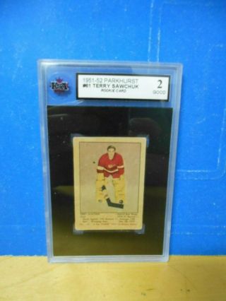1951 - 52 PARKHURST 61 TERRY SAWCHUK NHL HOCKEY ROOKIE CARD - RED WINGS - KSA 2 GOOD 3