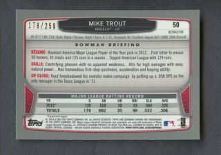 2013 Bowman Chrome Blue Refractor Mike Trout Angels /250 2