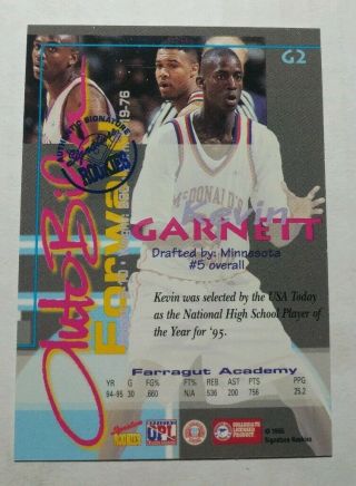 1995 Signature Rookies Autobilia Promo Autograph/260 G2 Kevin Garnett Auto Card 2