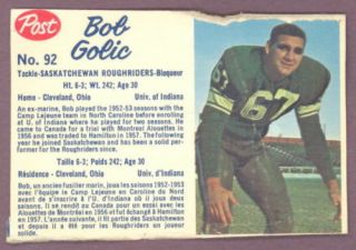 1962 Post Cfl 92 Bob Golic Vg Saskatchewan Roughriders Football Univ Of Indiana