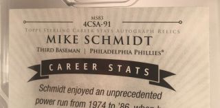 Mike Schmidt 2008 Topps Sterling Career Stats Relics Autograph Quad PSA NM7 1/10 8