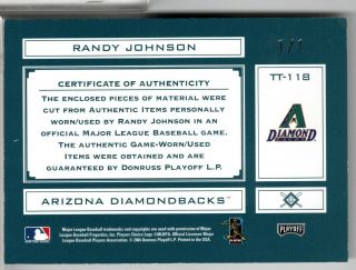 04 Playoff Absolute Memorabilia Randy Johnson 1/1 Auto,  Glove,  Bat and Jersey 2