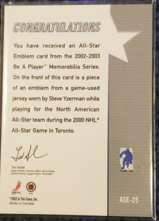 2002 - 03 BAP Memorabilia Series - 3 Steve Yzerman All - Star Jersey Cards 5