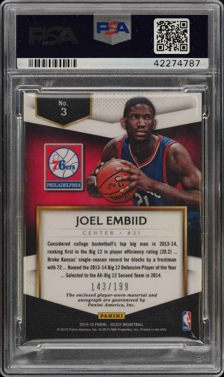 2014 Select Basketball Joel Embiid ROOKIE RC AUTO PATCH /199 3 PSA 10 (PWCC) 2