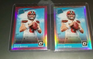 2018 Donruss Optic Baker Mayfield Pink And Holo Silver Prizm Rated Rookie 153
