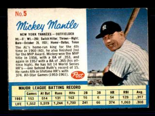 1962 Post 5 Mickey Mantle Yankees Hand Cut Very No Creases
