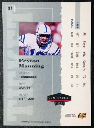 1998 Playoff Contenders 87 Peyton Manning Autograph Rookie Ticket - REPRINT 2