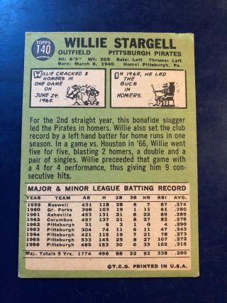 1967 Topps 140 Willie Stargell Hof Pirates Awesome Centering