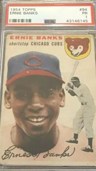 1954 Topps Ernie Banks Chicago Cubs 94 Baseball Card.  Psa1