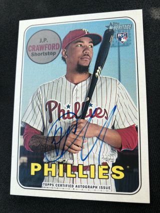 2018 Topps Heritage High Number J.  P Crawford Real One Blue Ink Auto Rc Phillies