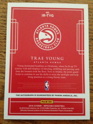 Trae Young 69/99 rookie auto 2018 - 19 Impeccable RC autograph Hawks 4