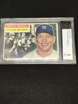 1956 Topps Mickey Mantle Ny Yankees 135 Grey Back Card Graded 1 - W/ 7 Sub
