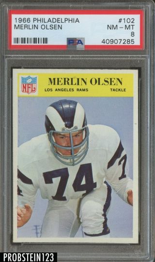 1966 Philadelphia Football 102 Merlin Olsen Los Angeles Rams Hof Psa 8 Nm - Mt