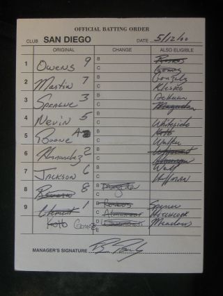 5/12/00 Bruce Bochy Signed San Diego Padres Game Lineup Umpire Card 148