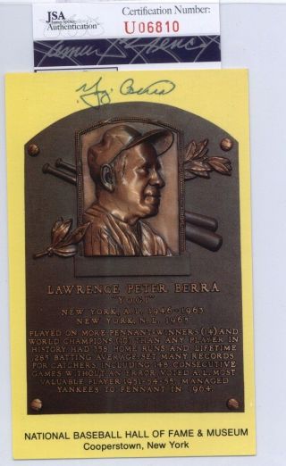 Yogi Berra (d.  2015) Yankees Signed Hall Of Fame Yellow Plaque Postcard - Jsa