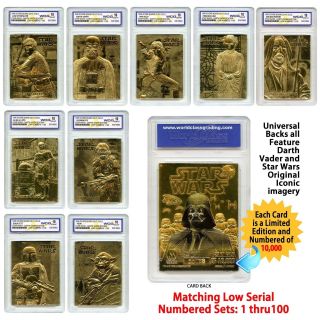(9) Star Wars 23kt Gold Card Wcg Gem Mt 10 Complete Set Leia/luke/yoda/solo