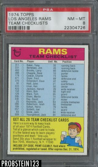 1974 Topps Football Los Angeles Rams Team Checklist Psa 8 Nm - Mt