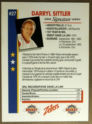 ZELLERS : Darryl Sittler Masters of Hockey Signature Series,  Jumbo card SIGNED 2
