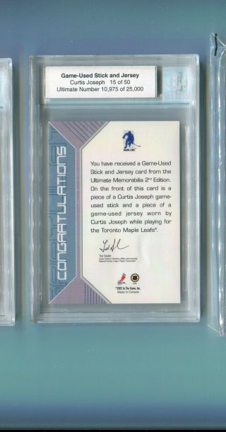 2001 - 02 Be a Player BAP Ultimate Stick and Jersey Curtis Joseph BGS 8 15/50 2