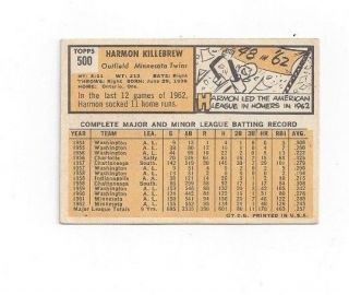 HARMON KILLEBREW 1963 Topps 500 SP Minnesota Twins HOF 2