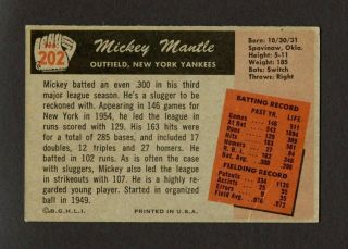 1955 Bowman 202 Mickey Mantle - York Yankees Hall of Fame HoF - VG 2