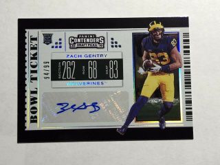 2019 Panini Contenders Draft Zach Gentry Bowl Ticket Rc Auto 94/99 Wolverines