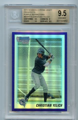Christian Yelich Bgs 9.  5 2010 Bowman Chrome Prospect Purple Refractor Sp Brewers