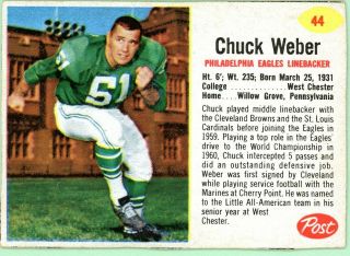 1962 Post Cereal Football Card 44 Chuck Weber - Medium Grade