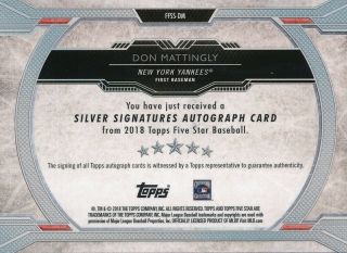 2018 Topps Five Star Don Mattingly Silver Signatures Autograph Auto card 14/20 2
