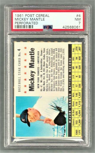 1961 Post Cereal 4 Mickey Mantle Perforated Psa 7