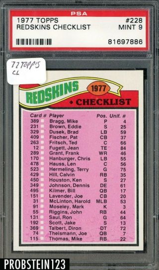 1977 Topps Football 228 Washington Redskins Checklist Psa 9