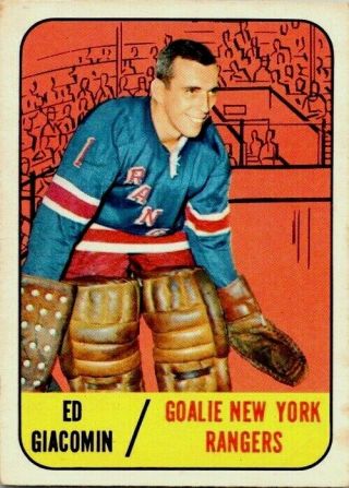 1967 - 68 Topps Ed Giacomin 85 Vg Vintage Hockey Card