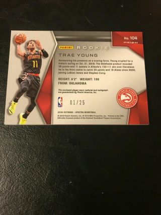 Trae Young 2018 - 19 Panini Spectra neon pink auto patch autograph Hawks 1/25 roy 3