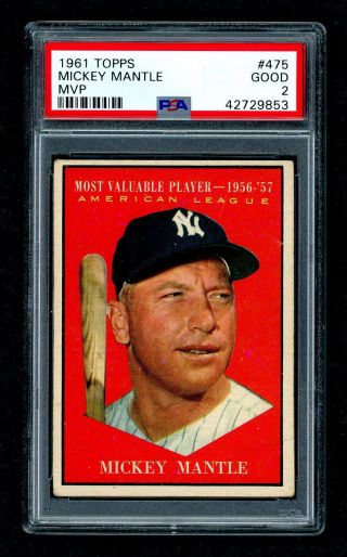 1961 Topps Baseball Card - 475 Mickey Mantle,  Psa 2,  Good