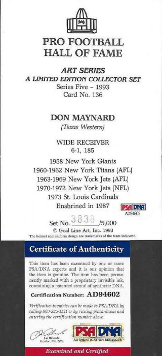 DON MAYNARD SIGNED GOAL LINE ART CARD PRO FOOTBALL HALL OF FAME HOF AUTO PSA/DNA 3