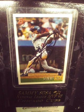 Sammy Sosa Chicago Cubs Autograph Bowman Card And Plaque,  signed with 7