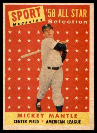 1958 Topps 487 Mickey Mantle Yankees All Star Vg,  To Ex