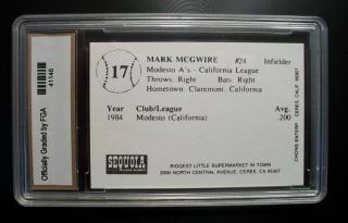 1985 CHONG MODESTO MARK MCGWIRE BASEBALL CARD 17 ROOKIE RC FGA 10 2