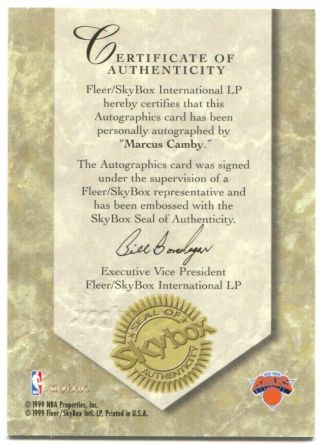 99 - 00 SkyBox Premium Marcus Camby Autograph Autographics Century Marks Auto /50 2
