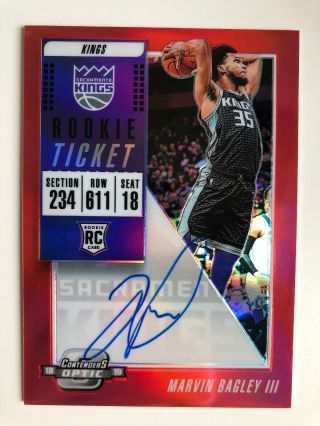 18 - 19 Contenders Optic Ticket Marvin Bagley Iii Rookie Auto Card Red Prizm 03/99