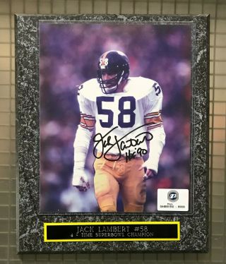 Jack Lambert " Hof 1990 " Signed 8x10 Photo Autographed W/ 11x14 Plaque Steelers