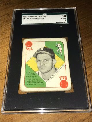 1951 Topps Blue Back - 34 - Earl Torgeson Sgc 10 = Psa 1 Poor