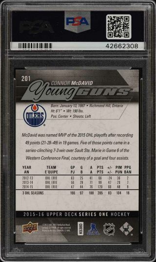 2015 Upper Deck Young Guns Connor McDavid ROOKIE RC 201 PSA 9 (PWCC) 2
