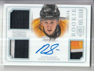 13/14 National Treasures Ryan Spooner Gear Rc Triple Jersey Patch Auto /75 3cl