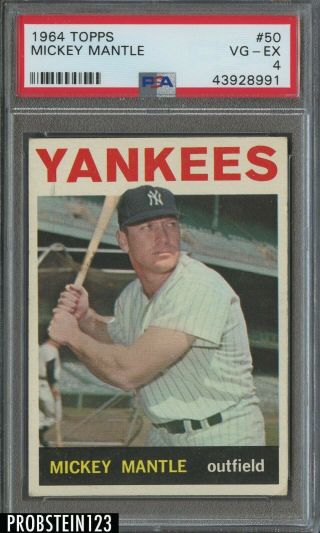 1964 Topps 50 Mickey Mantle Hof York Yankees Psa 4 Vg - Ex