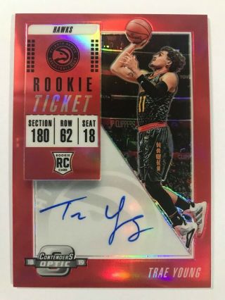 2018 - 19 Contenders Optic Red Prizm Rookie Ticket Autograph Trae Young 145/149